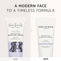 Two Percy & Reed Smoothing Blow Dry Cream tubes, old design with illustration, new design minimalist.