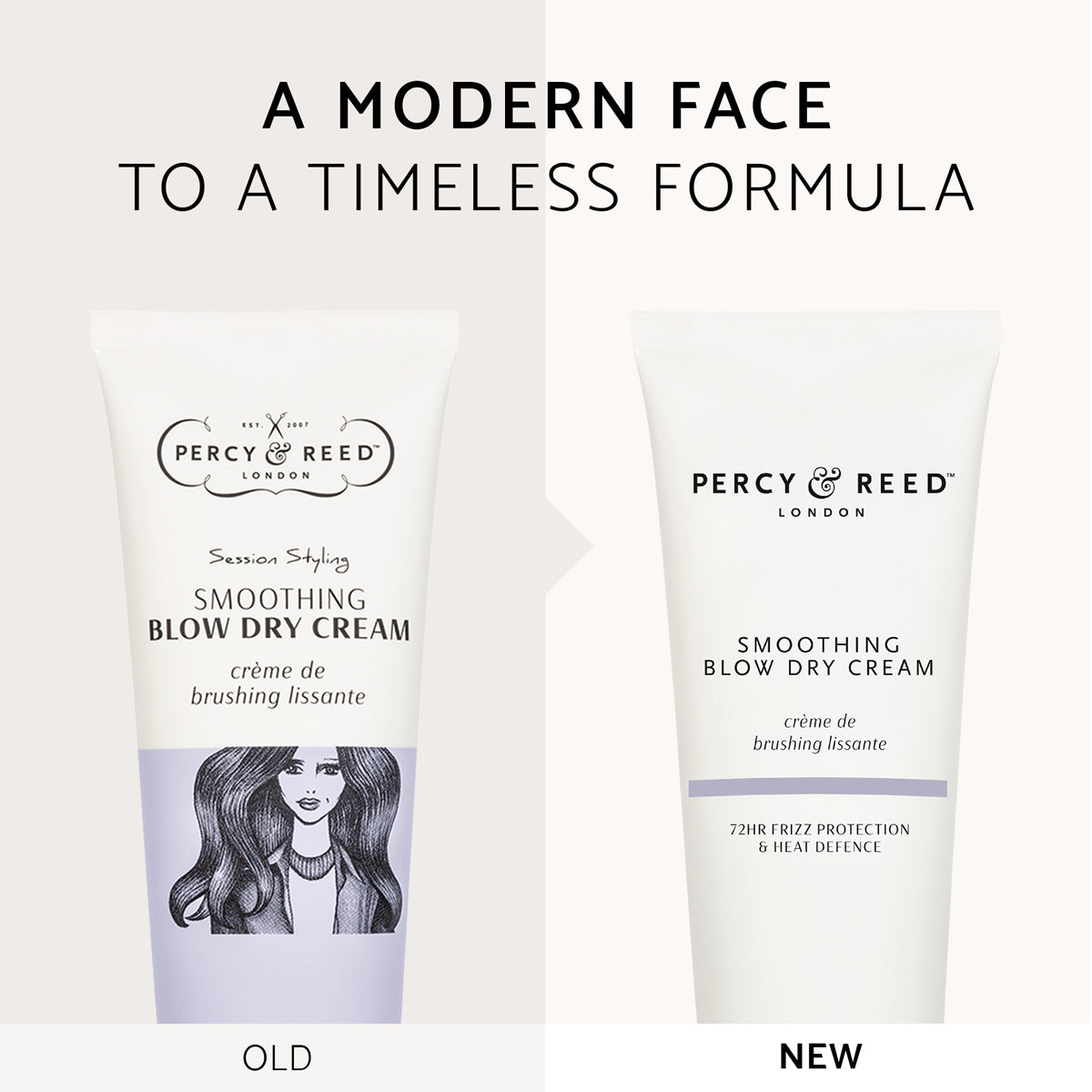 Two Percy & Reed Smoothing Blow Dry Cream tubes, old design with illustration, new design minimalist.