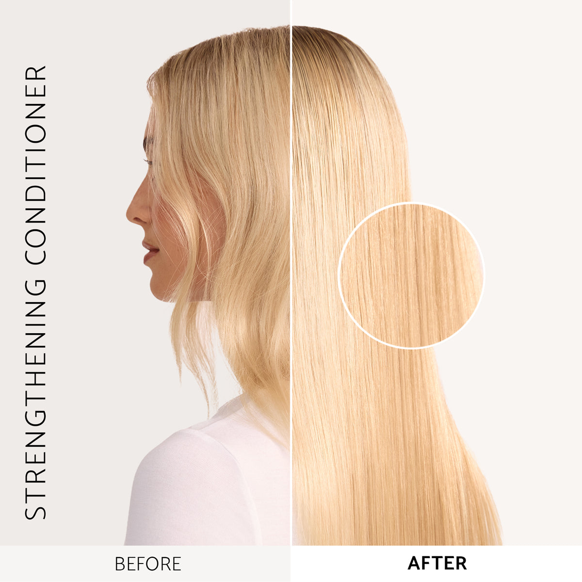 Side-by-side comparison of blonde hair before and after using strengthening conditioner, showing smoother, straighter results.