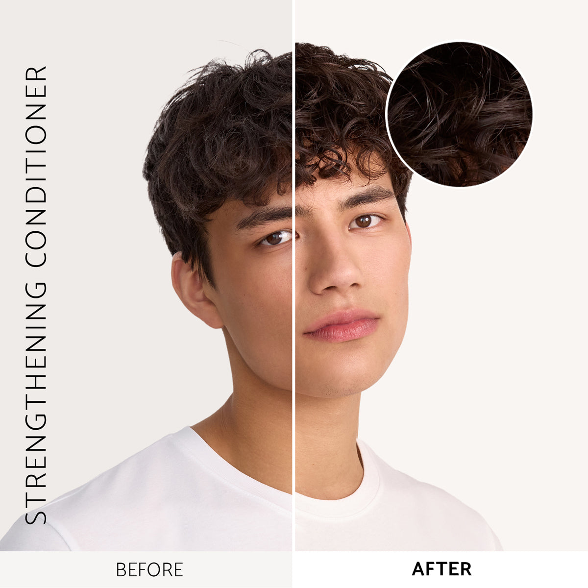 Before and after comparison of hair with strengthening conditioner, showing a close-up of the hair texture.