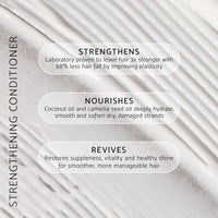 Before and after hair showing Percy & Reed strengthening shampoo and conditioner including strengthens, nourishes and revives