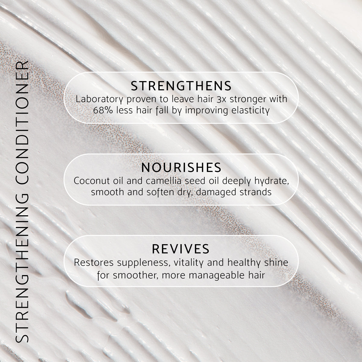 Text overlay on a textured beige background describing the benefits of a strengthening conditioner.