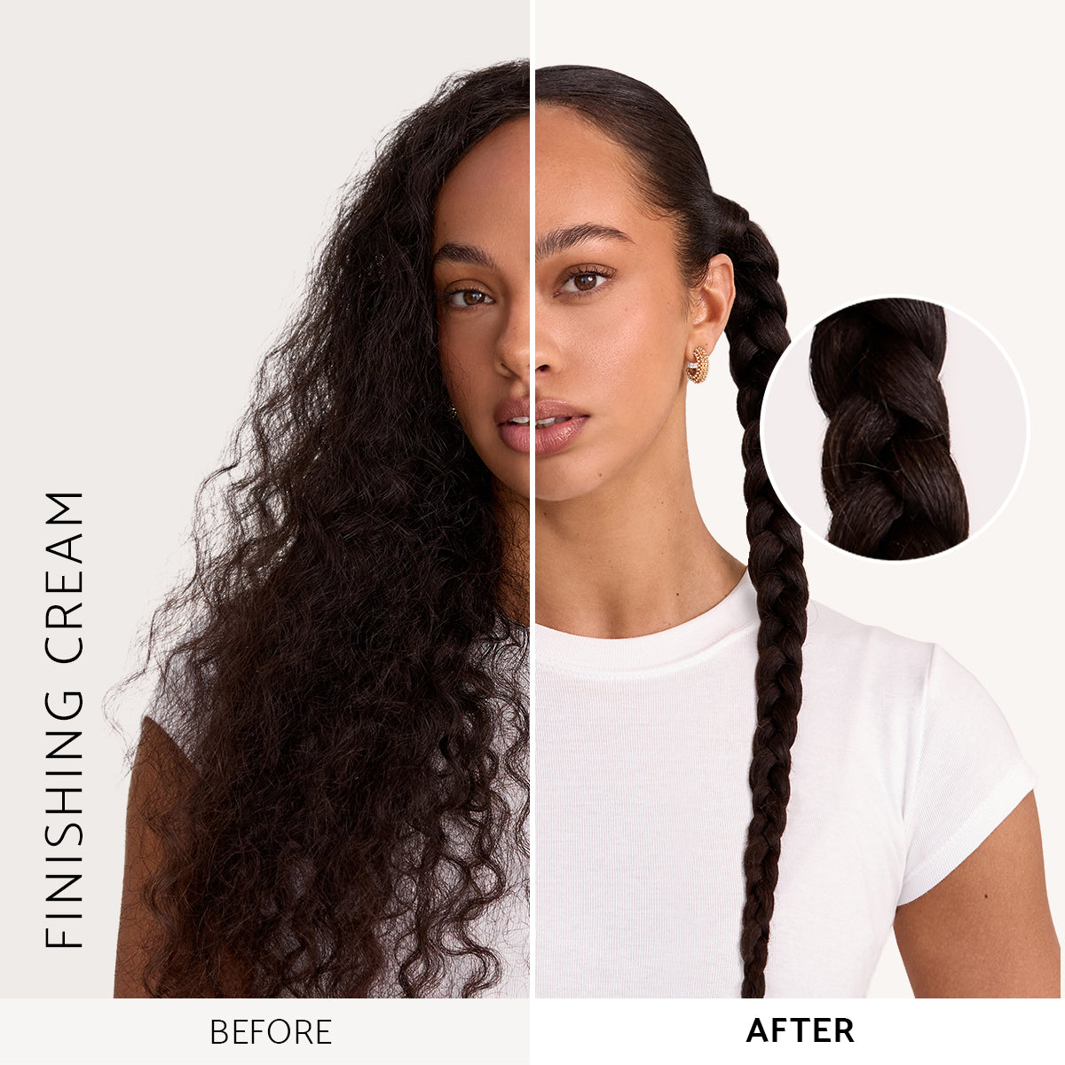 Before and after hair showing Percy & Reed finishing cream results with smoother flyaways and polished finish