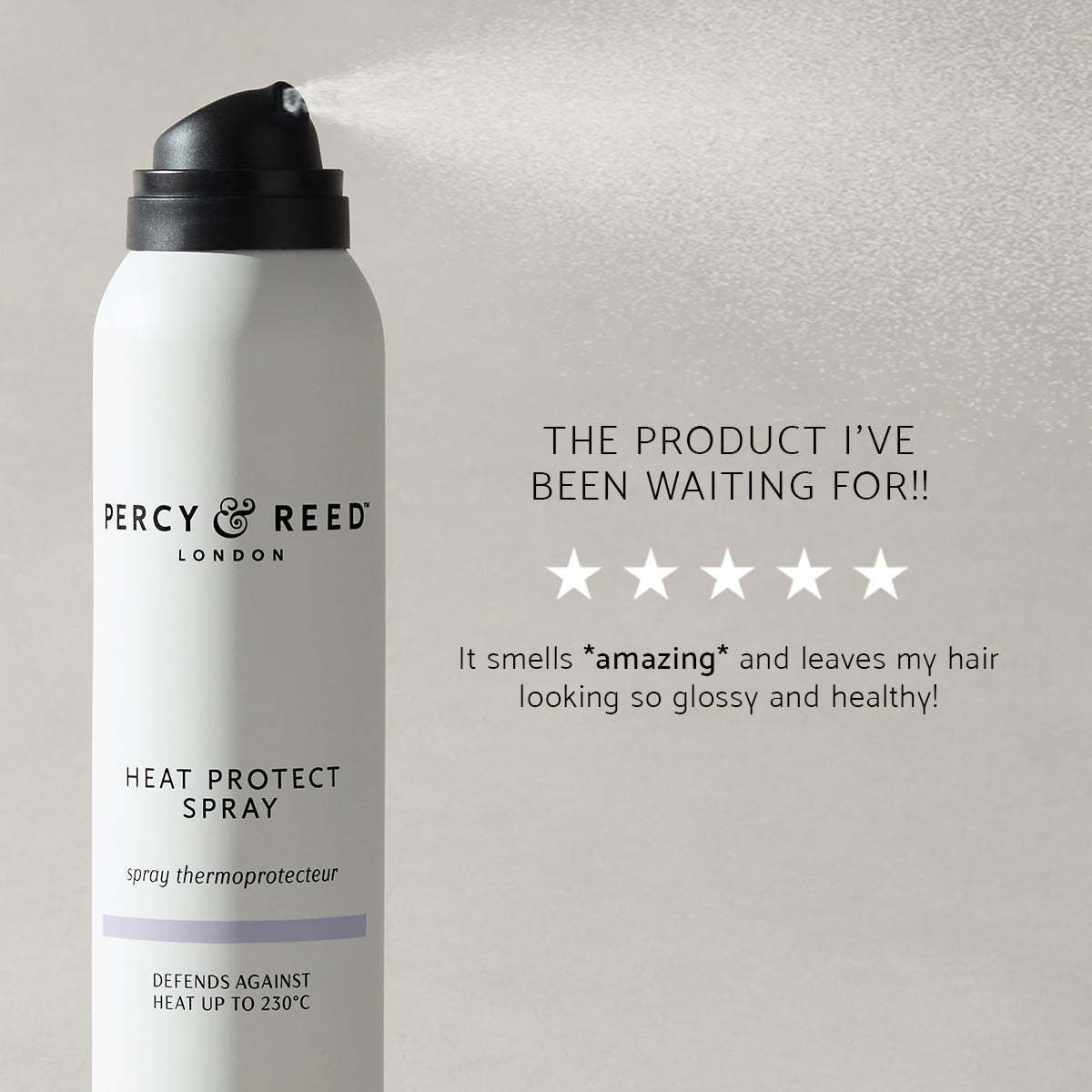 White can of Percy & Reed Heat Protect Spray releasing mist, with user testimonial and five-star rating.