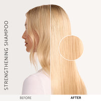 Before and after female model hair showing Percy & Reed strengthening shampoo results with stronger looking hair