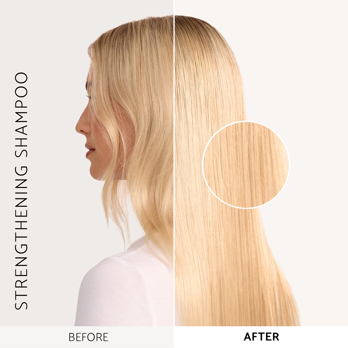 Before and after female model hair showing Percy & Reed strengthening shampoo results with stronger looking hair