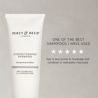 Reviews of Percy & Reed strengthening shampoo recyclable packaging and product information label
