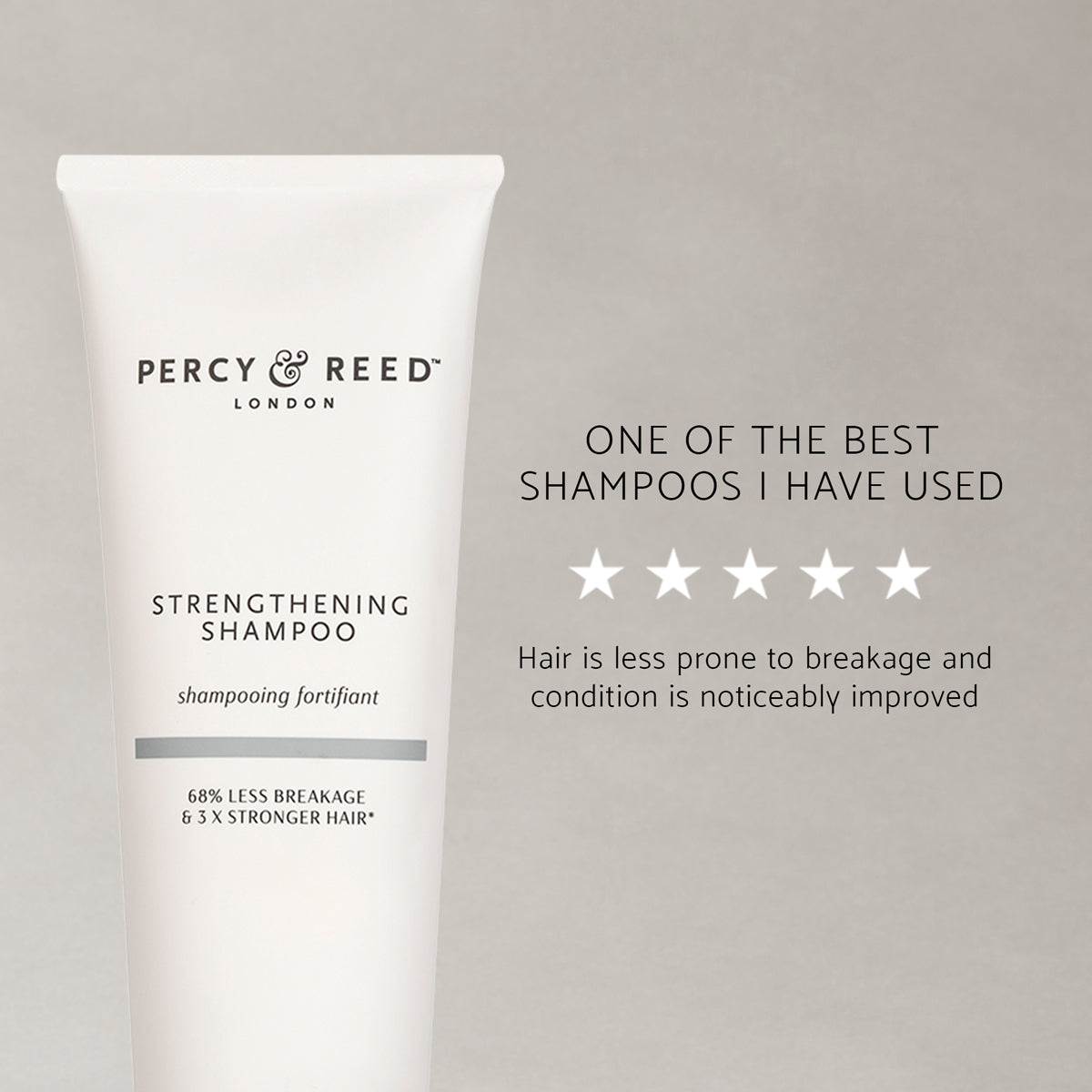 Reviews of Percy & Reed strengthening shampoo recyclable packaging and product information label
