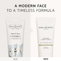 Two Percy & Reed Wonder Conditioner tubes: old design with scissors, new design with minimalist style.