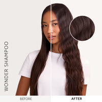 Before and after hair showing Percy & Reed Wonder Shampoo results with shinier, healthier looking hair