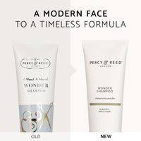 Comparison of Percy & Reed Wonder Shampoo packaging: old design on left, new design on right.