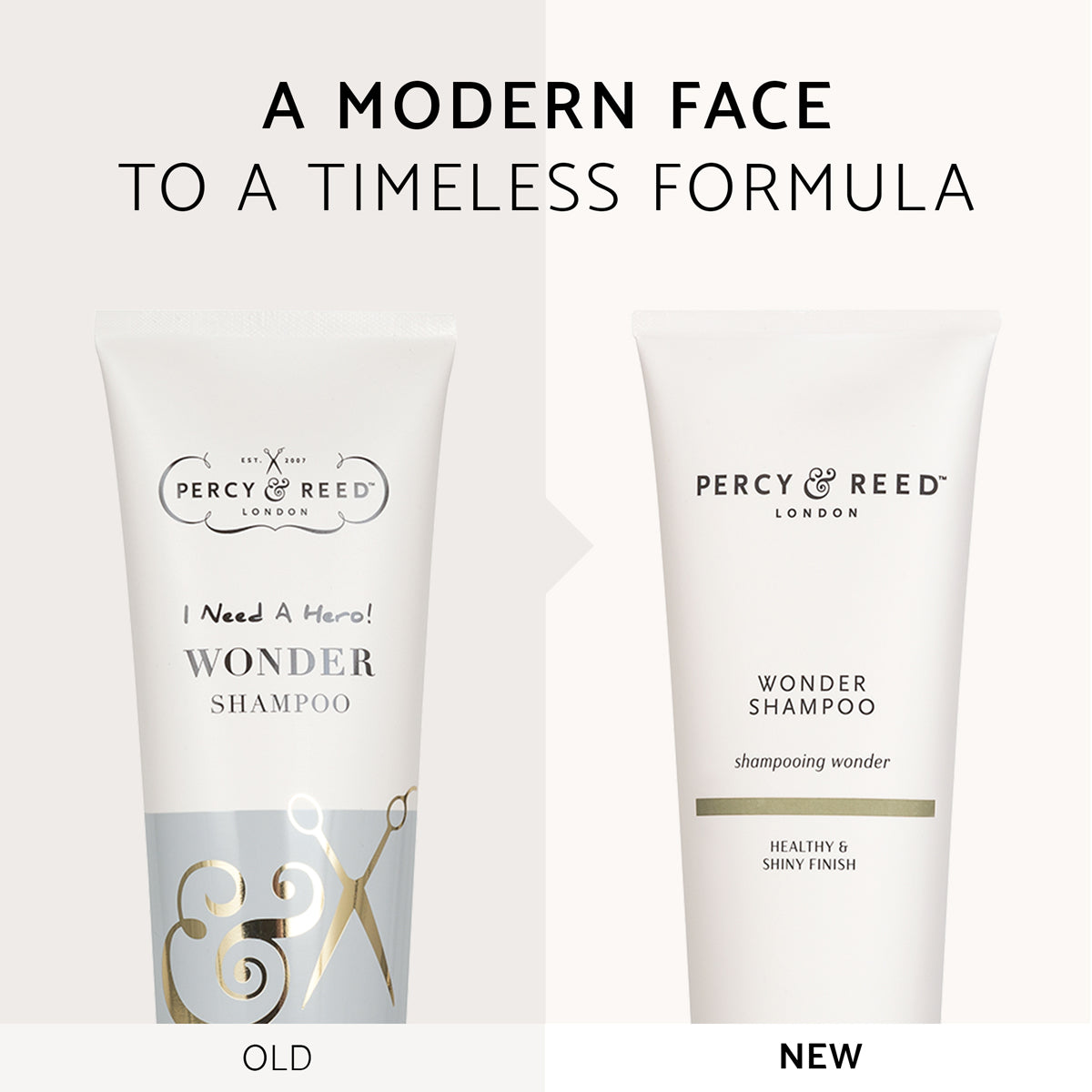 Comparison of Percy & Reed Wonder Shampoo packaging: old design on left, new design on right.