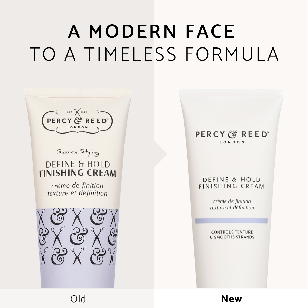 Two Percy & Reed finishing cream tubes showing old and new packaging redesign with modern aesthetic.