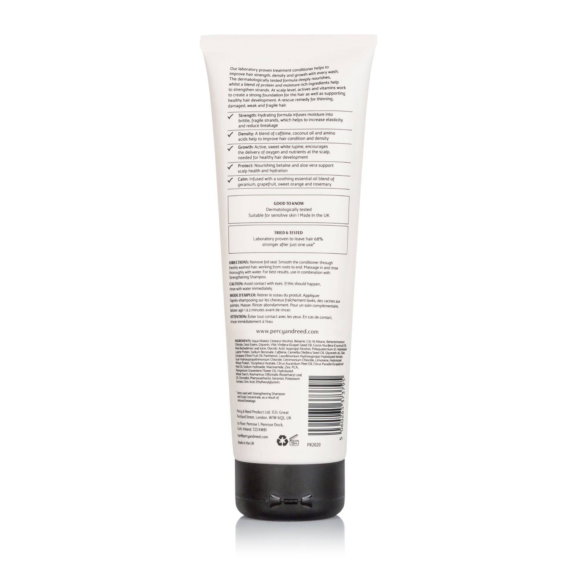 Back view of a skincare product tube with properties and ingredients on a white background