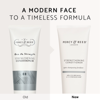 Two bottles of Percy & Reed Strengthening Conditioner, one labeled 'Old' and the other 'New', on a white background.