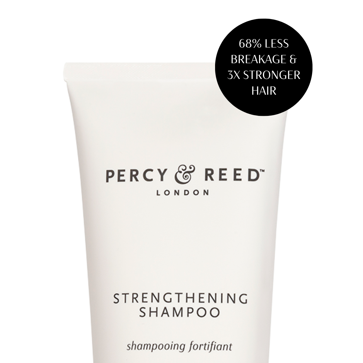 Percy & Reed Strengthening Shampoo tube on a white  background with a description saying 68% less breakage and three times stronger