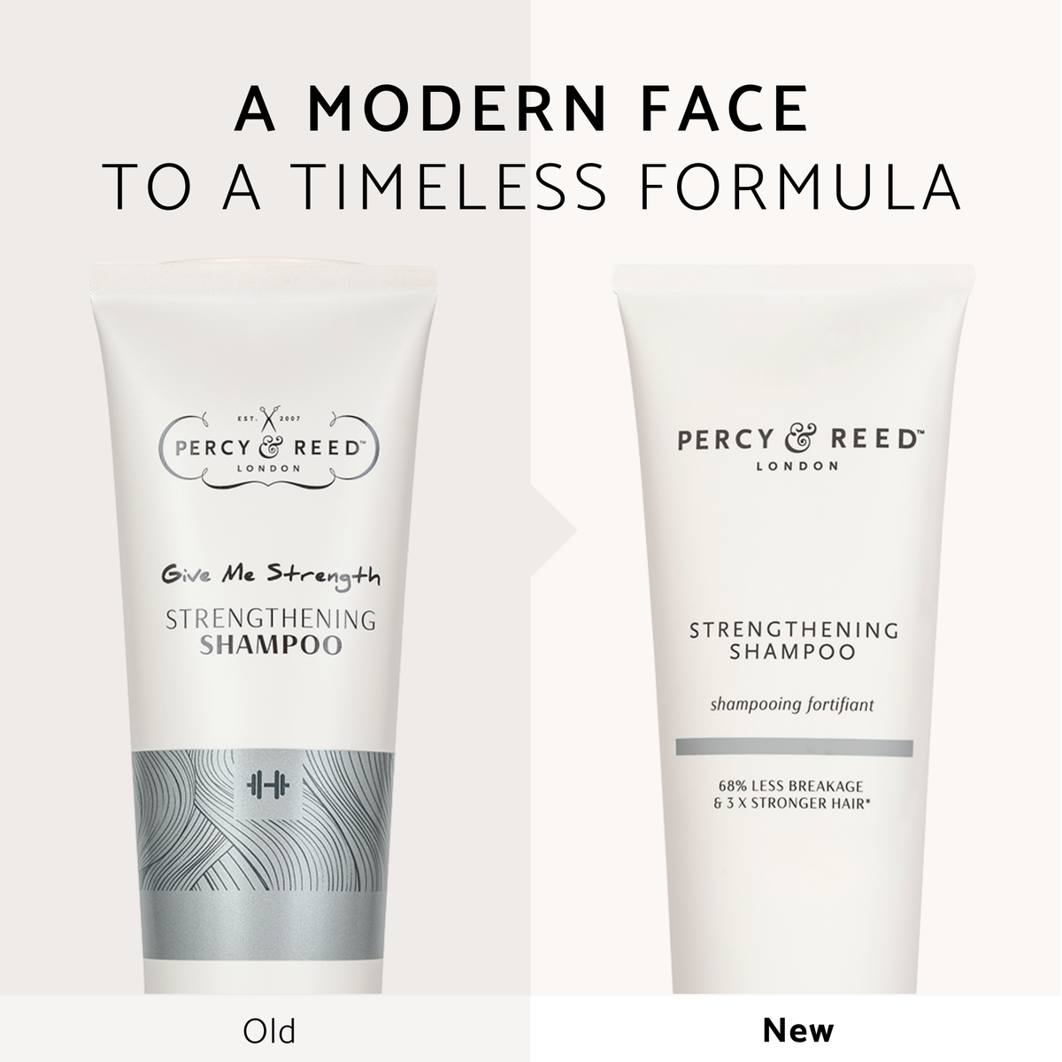 Old and new Percy & Reed Strengthening Shampoo designs, highlighting modern update with consistent branding.