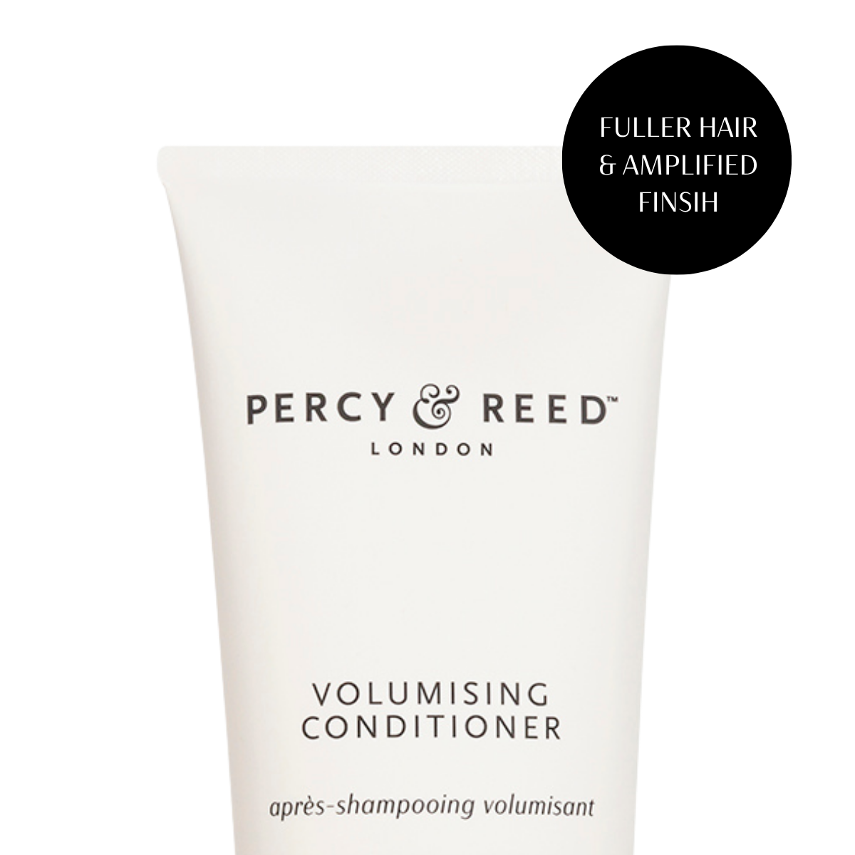 Close-up of Percy & Reed Volumising Conditioner bottle - lightweight formula for fine hair