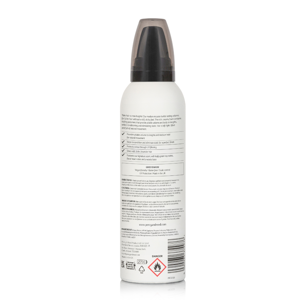  Percy & Reed volumising mousse recyclable packaging and product information label