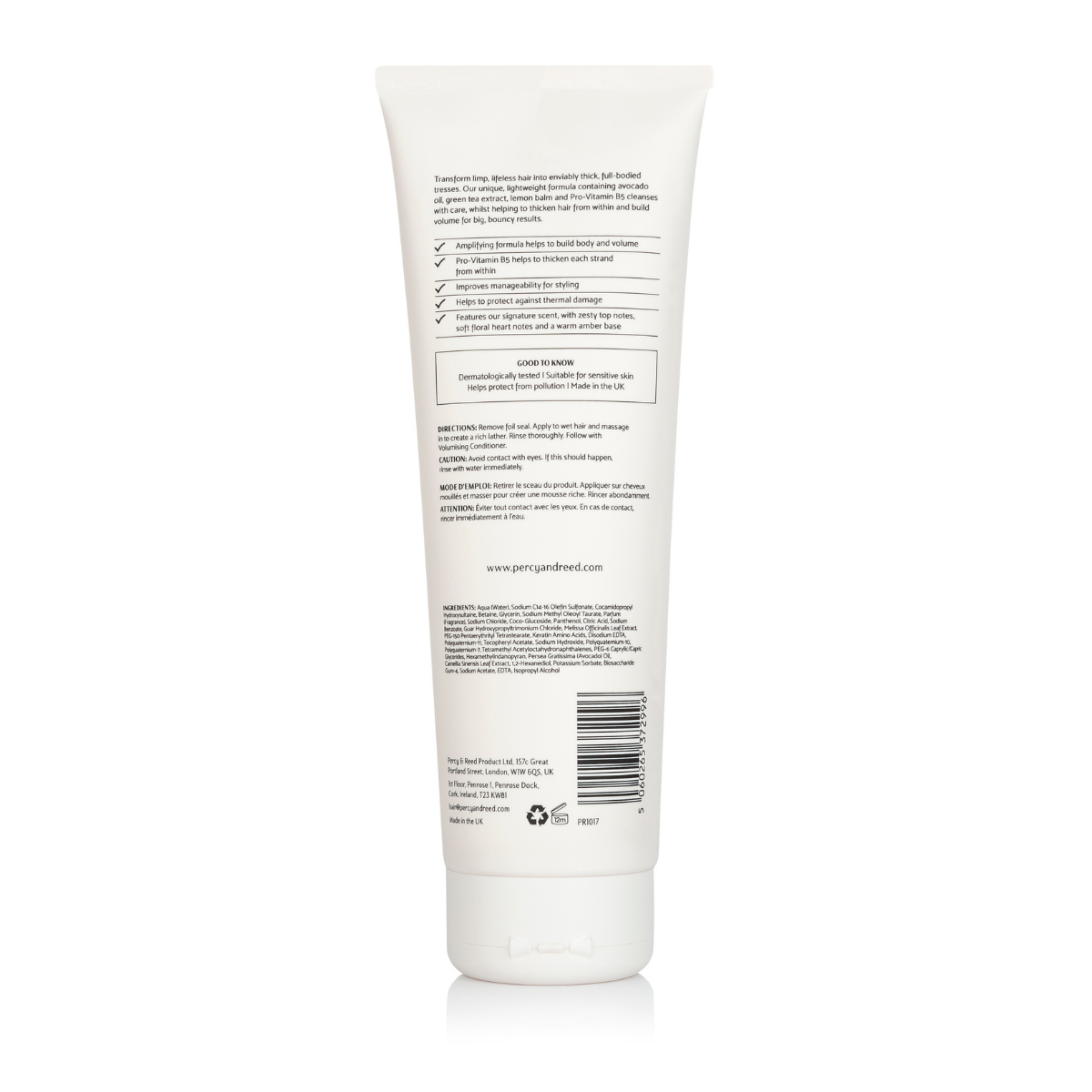 Percy & Reed Volumising Shampoo recyclable packaging and product information label