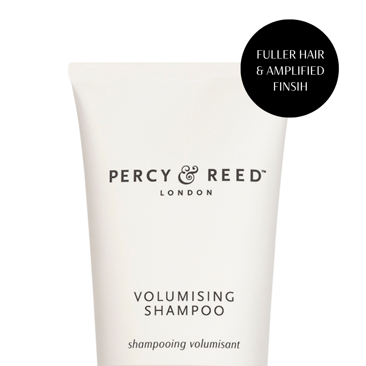 Close up shot of Percy & Reed volumising shampoo for fuller hair and amplified finish