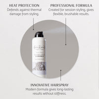 White Percy & Reed hairspray bottle with spray mist, emphasizing heat protection, flexible hold, and innovative formula.