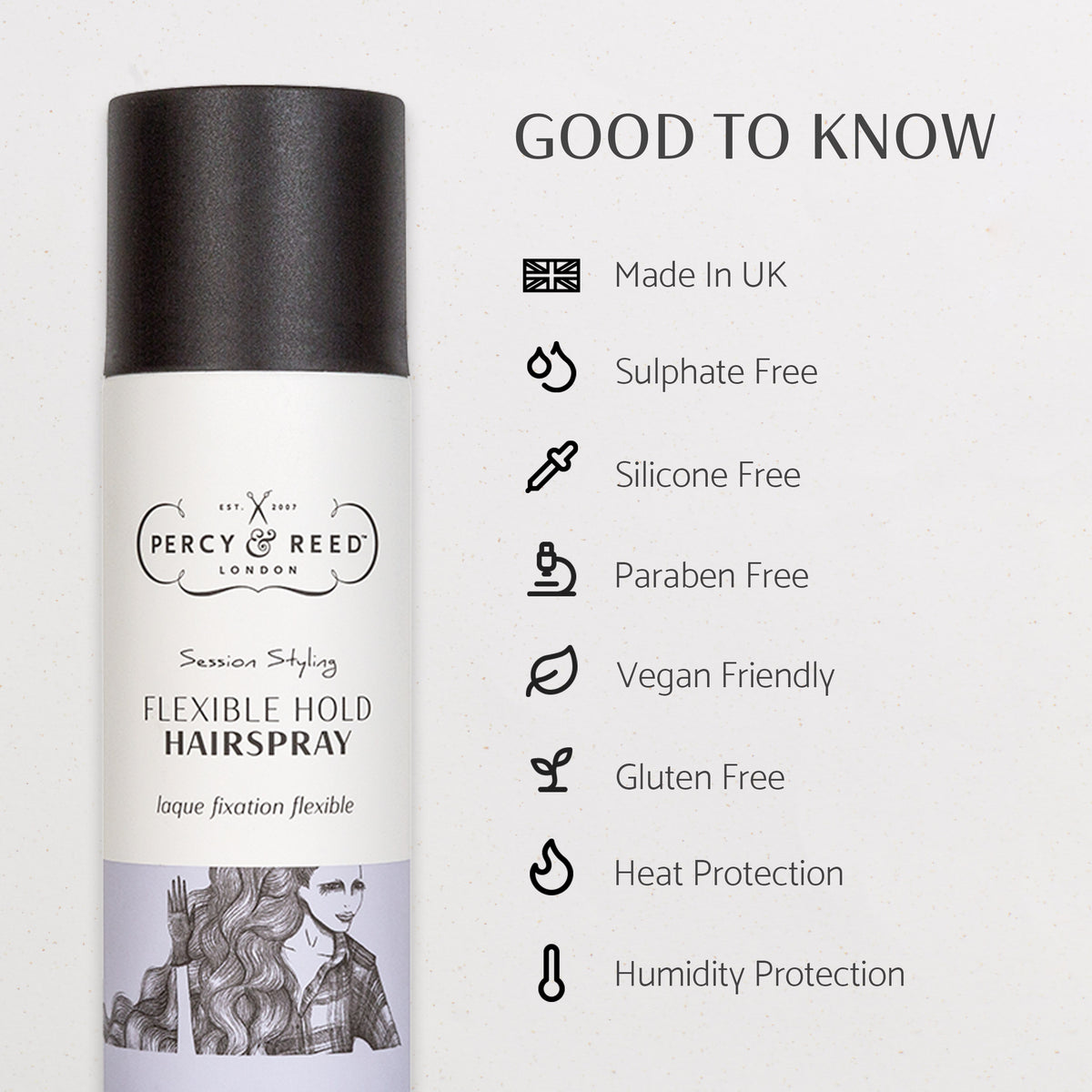 Good to know Percy & Reed Flexible Hold Hairspray is made in the UK, sulphate and silicone free, paraben free, vegan, with heat and humidity protection.