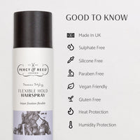 Good to know Percy & Reed Flexible Hold Hairspray 400ml is made in the UK, sulphate and silicone free, paraben free, vegan, with heat and humidity protection.