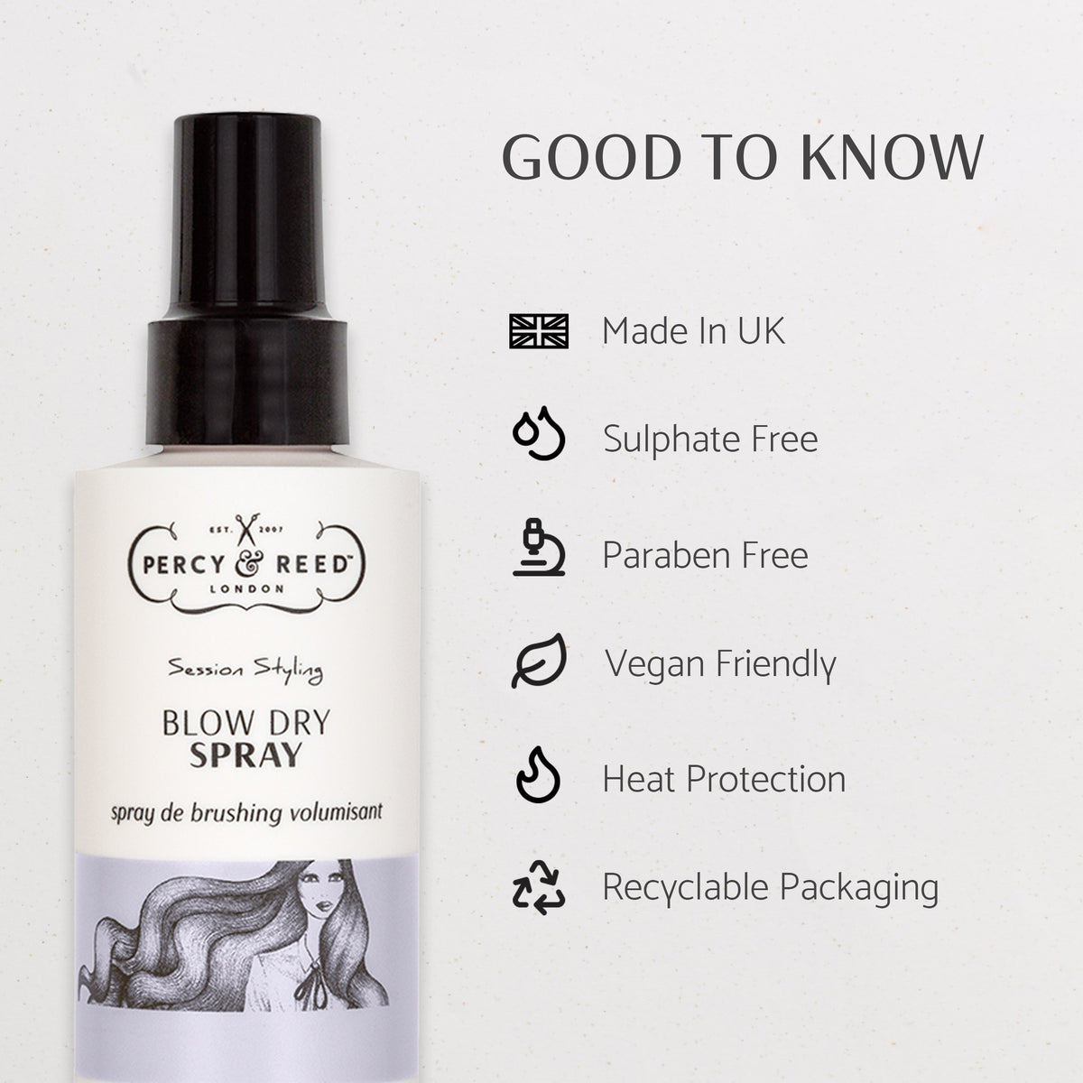 Good to know Percy & Reed blow dry spray is made in the UK, sulphate-free and paraben free, vegan and heat protection with recyclable packaging