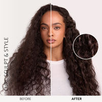 Before and after hair showing Percy & Reed curl cream results with more defined curls