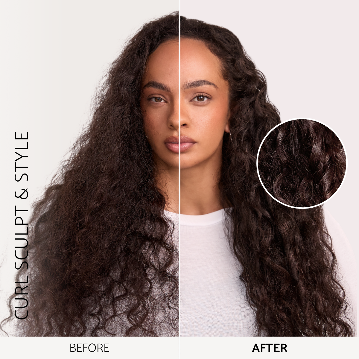 Before and after hair showing Percy & Reed curl cream results with more defined curls