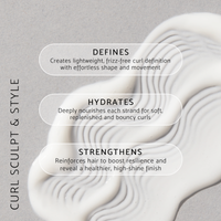 Text highlighting a cream for curls, emphasizing definition, hydration, and strength for healthy, shiny hair.