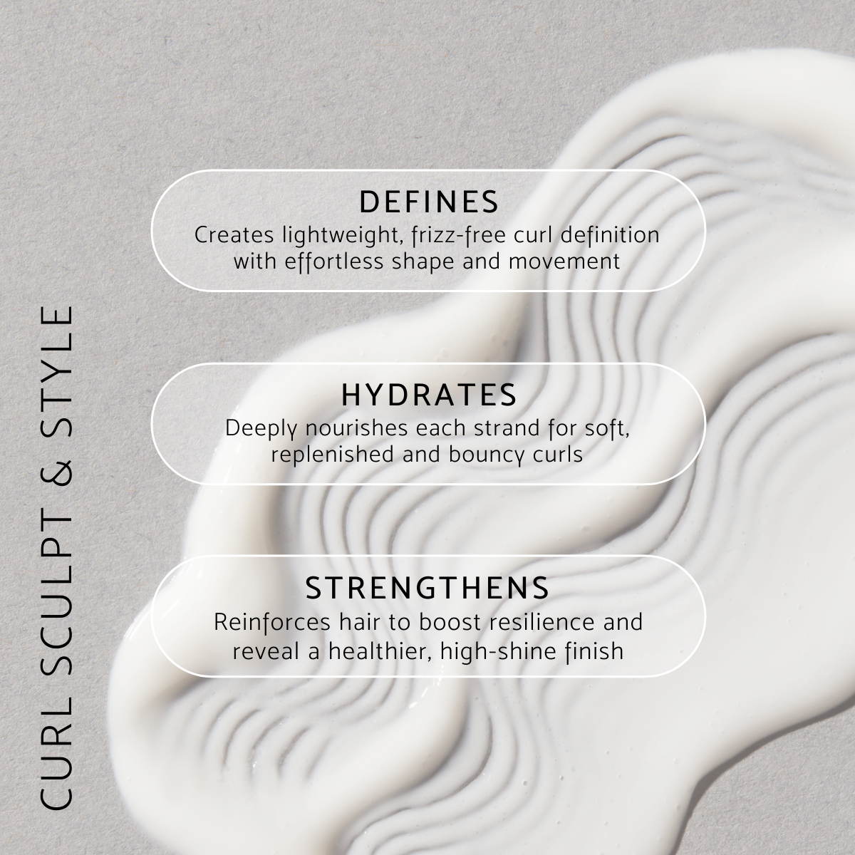 Text highlighting a cream for curls, emphasizing definition, hydration, and strength for healthy, shiny hair.