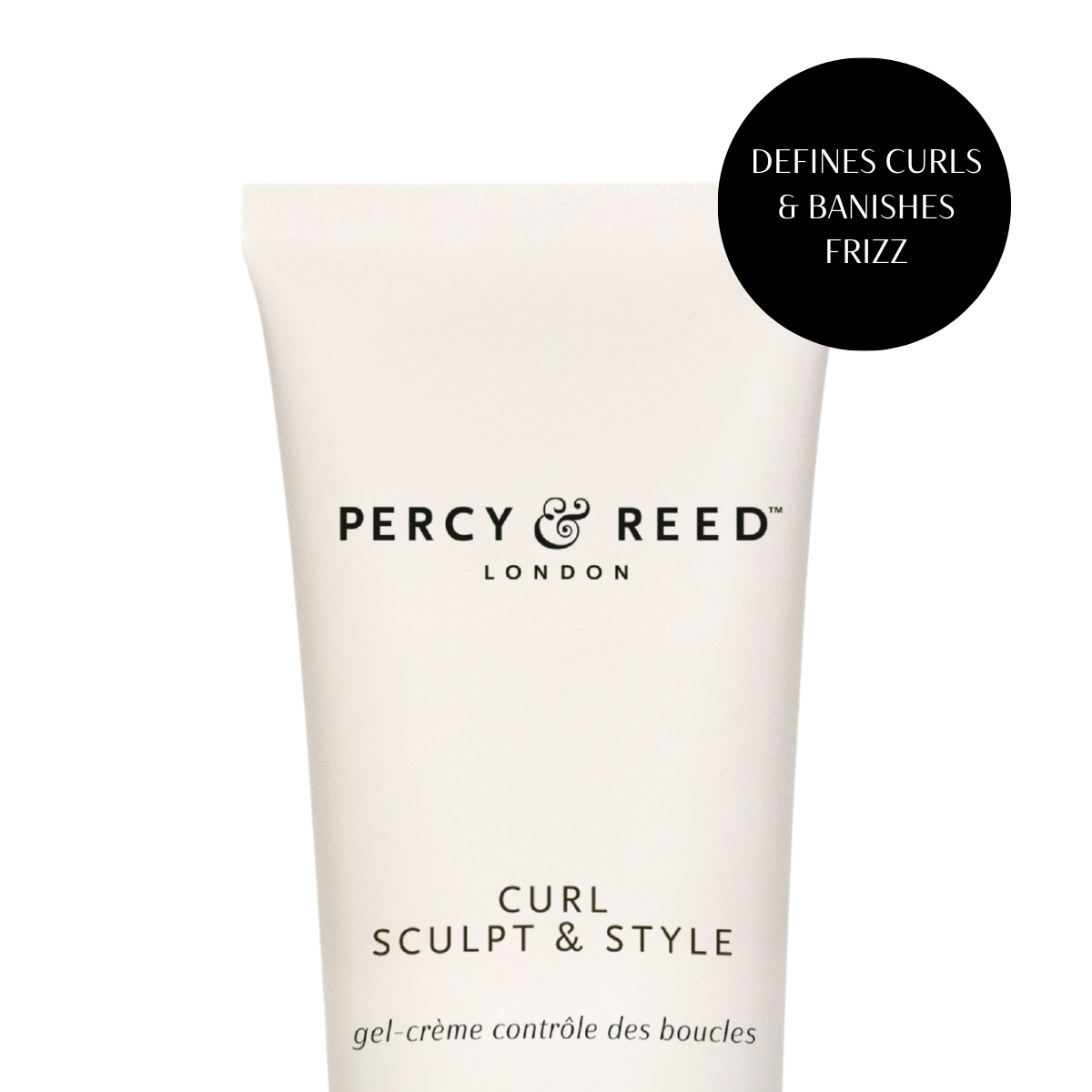 Close up of the Curl Sculpt and Style tube, with a call out that it defines curls and banishes frizz