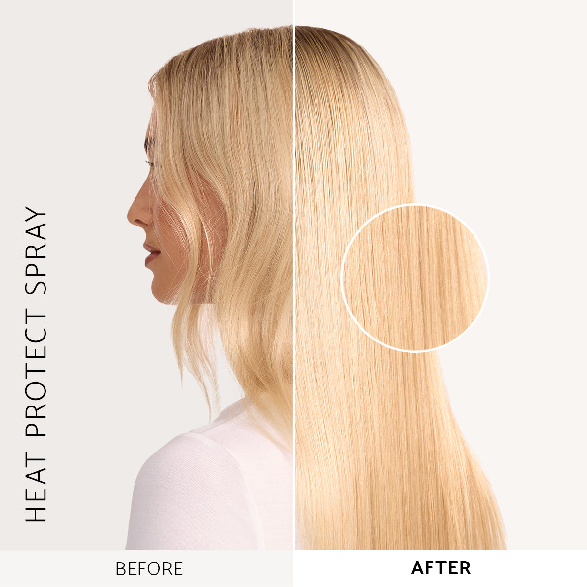 Before and after hair showing Percy & Reed heat protect spray results with smoother, shinier hair