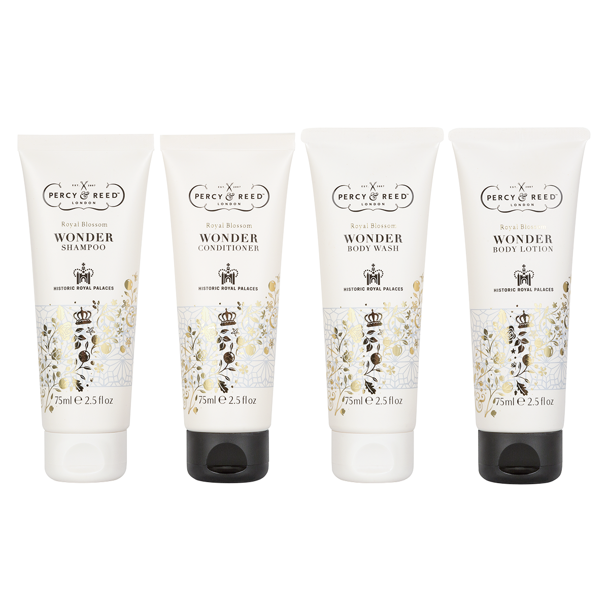 Four Percy & Reed Royal Blossom tubes: shampoo, conditioner, body wash, and lotion, in ornate packaging.