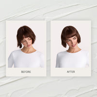Before-and-after comparison of a woman with a short bob and straight bangs, wearing a white top.