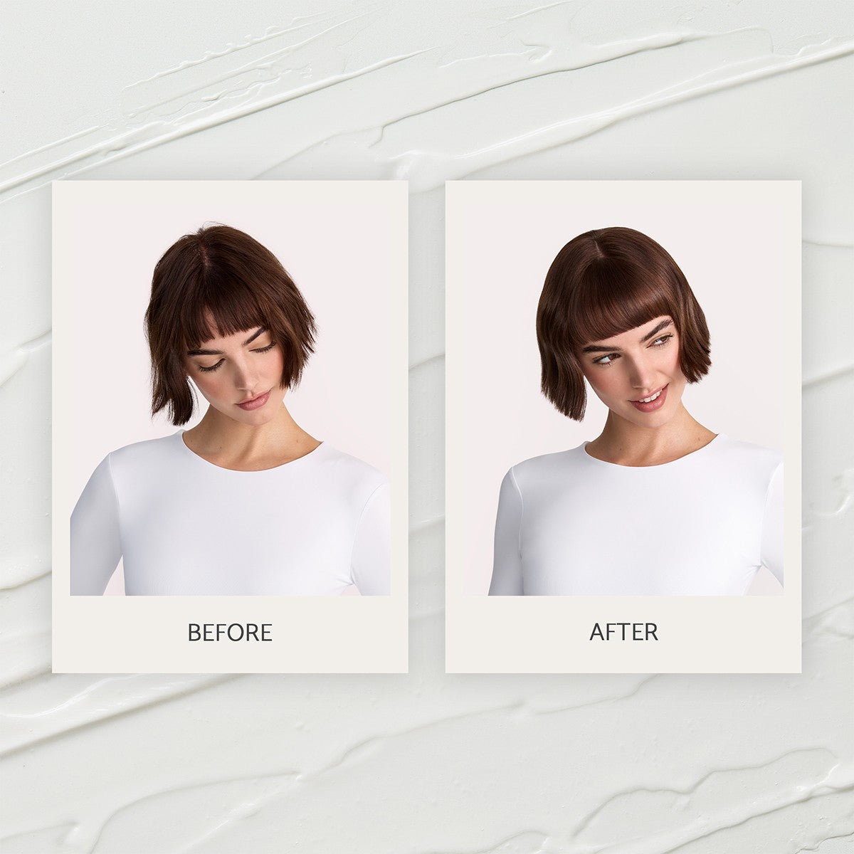 Before-and-after comparison of a woman with a short bob and straight bangs, wearing a white top.