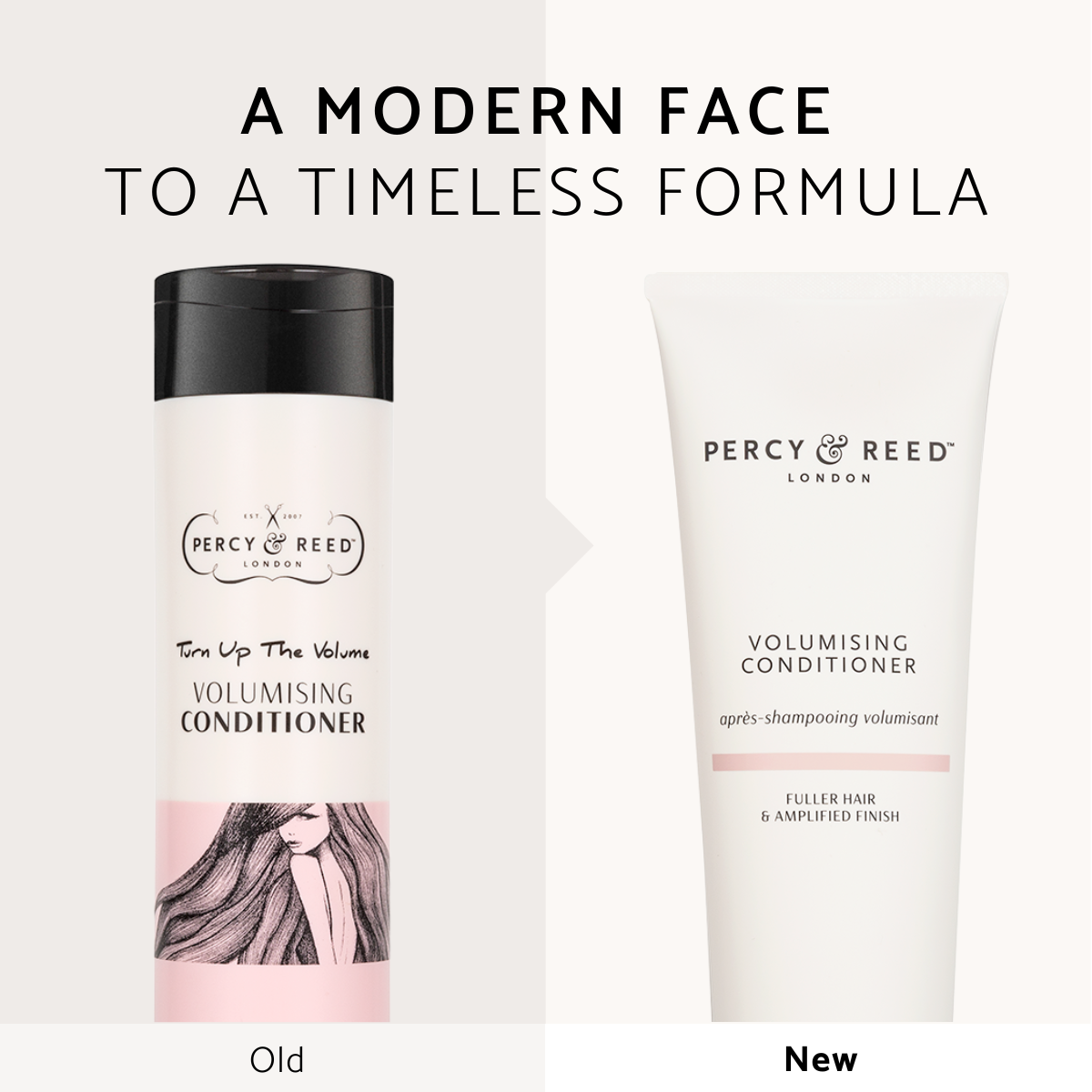 Comparison of old and new Percy & Reed Volumising Conditioner packaging, showcasing modern design update.