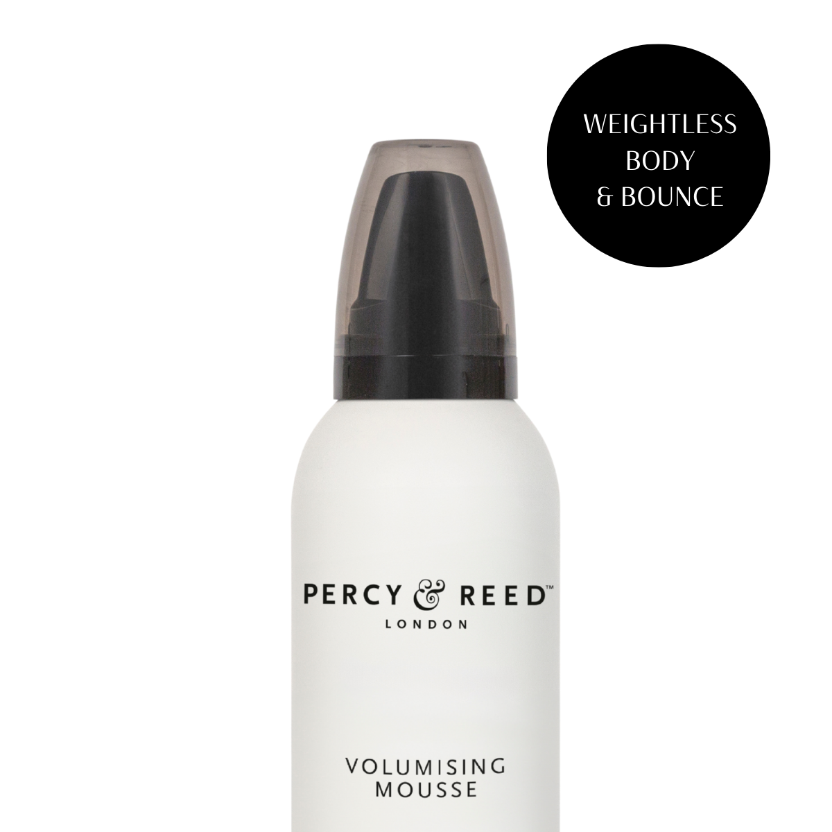Close up of the Volumising Mousse bottle, with a note saying weightless body and bounce