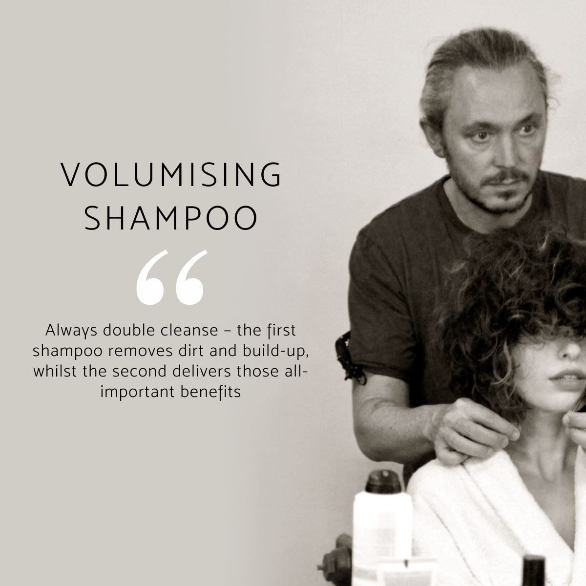 Person getting hair styled with text about volumising shampoo on a gray background