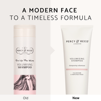 Comparison of old and new Percy & Reed Volumising Shampoo packaging on a split background.