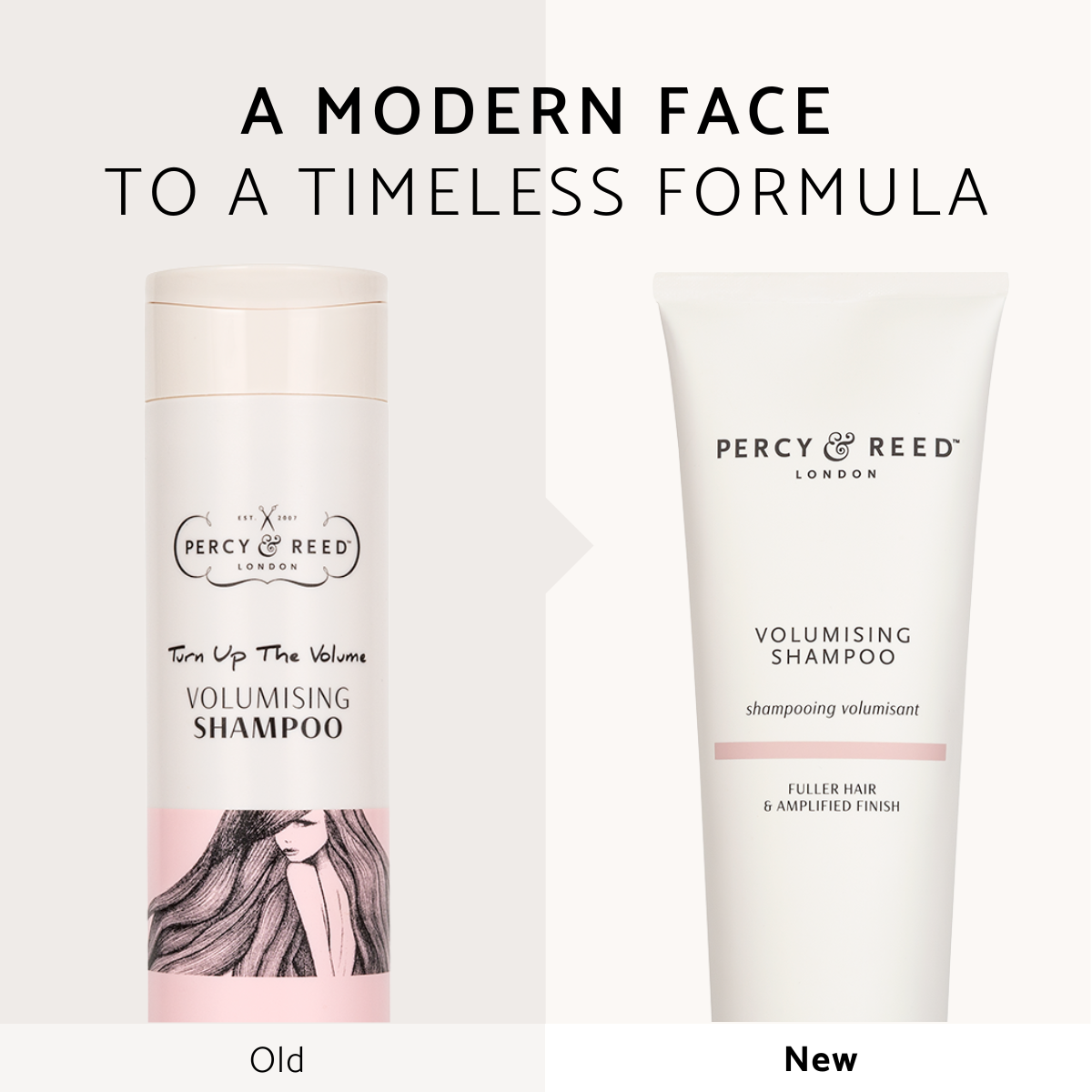 Comparison of old and new Percy & Reed Volumising Shampoo packaging on a split background.