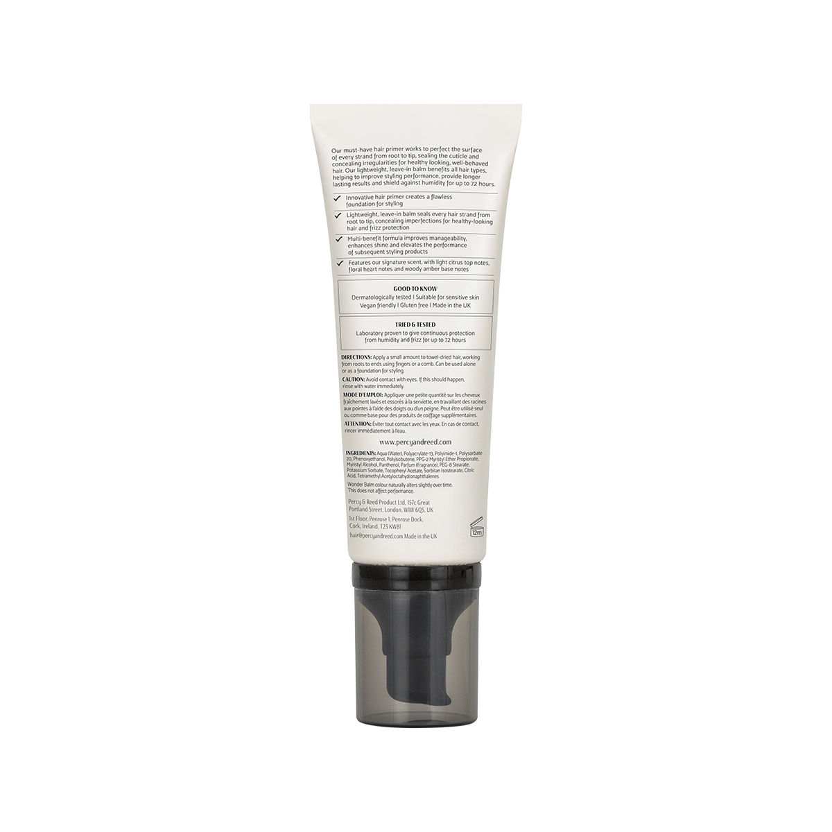  Percy & Reed Wonder Balm Hair Primer recyclable packaging and product information label