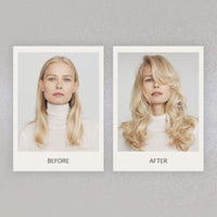Before and after images of a woman with straight hair transformed into voluminous, wavy hairstyle.