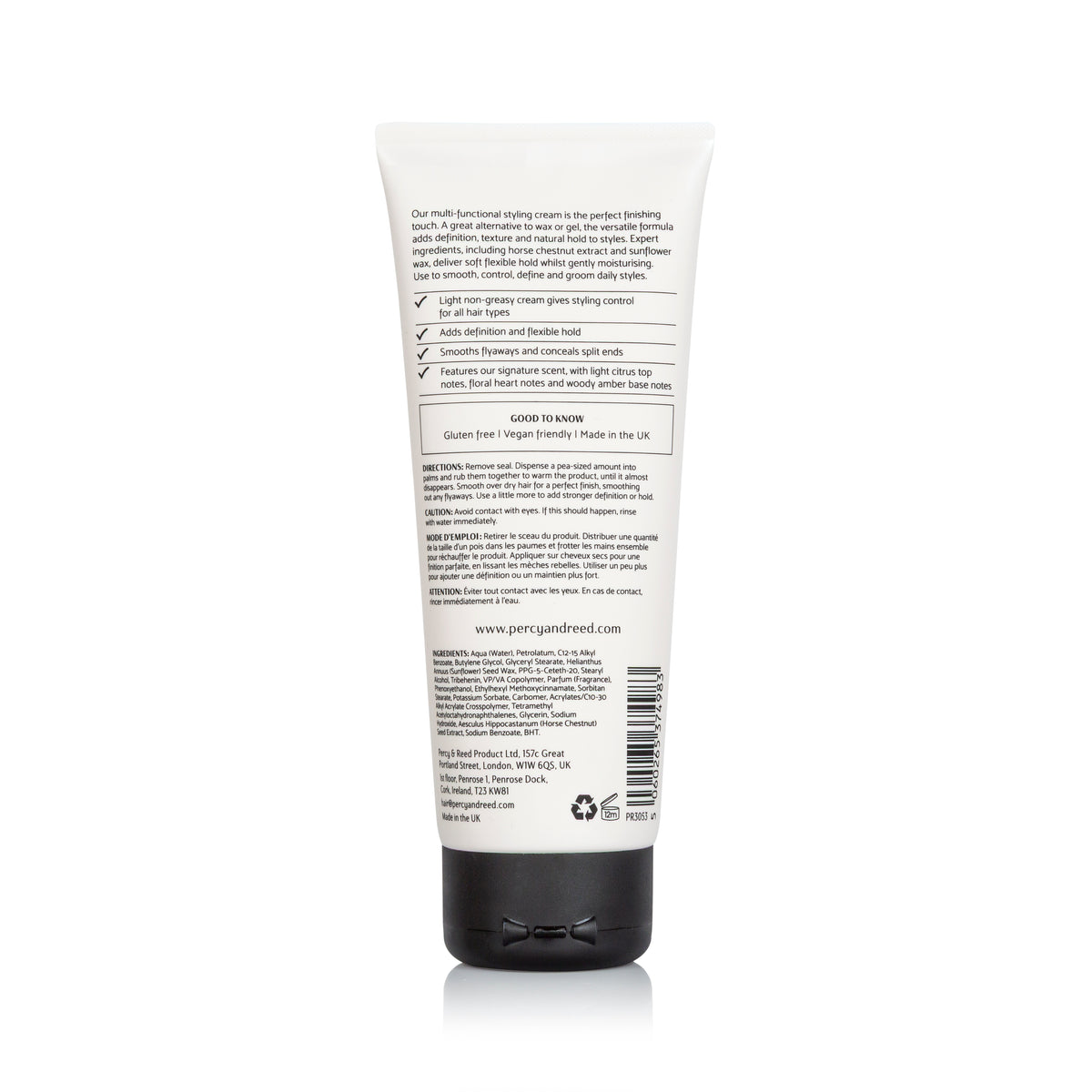 Percy & Reed hair finishing cream recyclable packaging and product information label