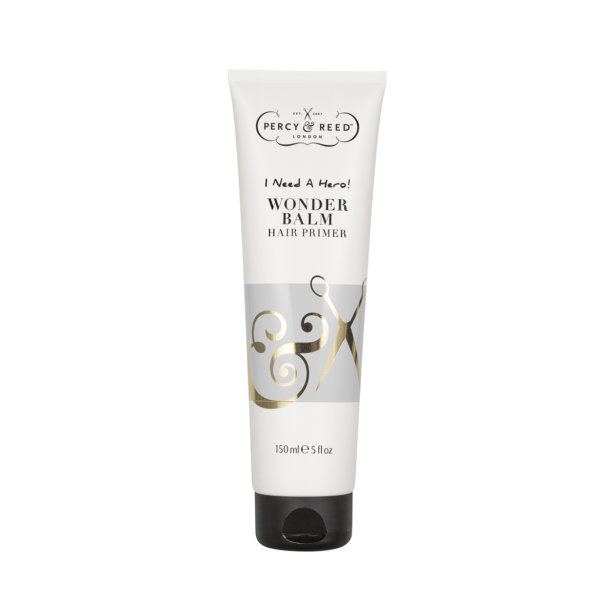 White tube labeled "Percy & Reed Wonder Balm Hair Primer," with black cap; 150ml size.