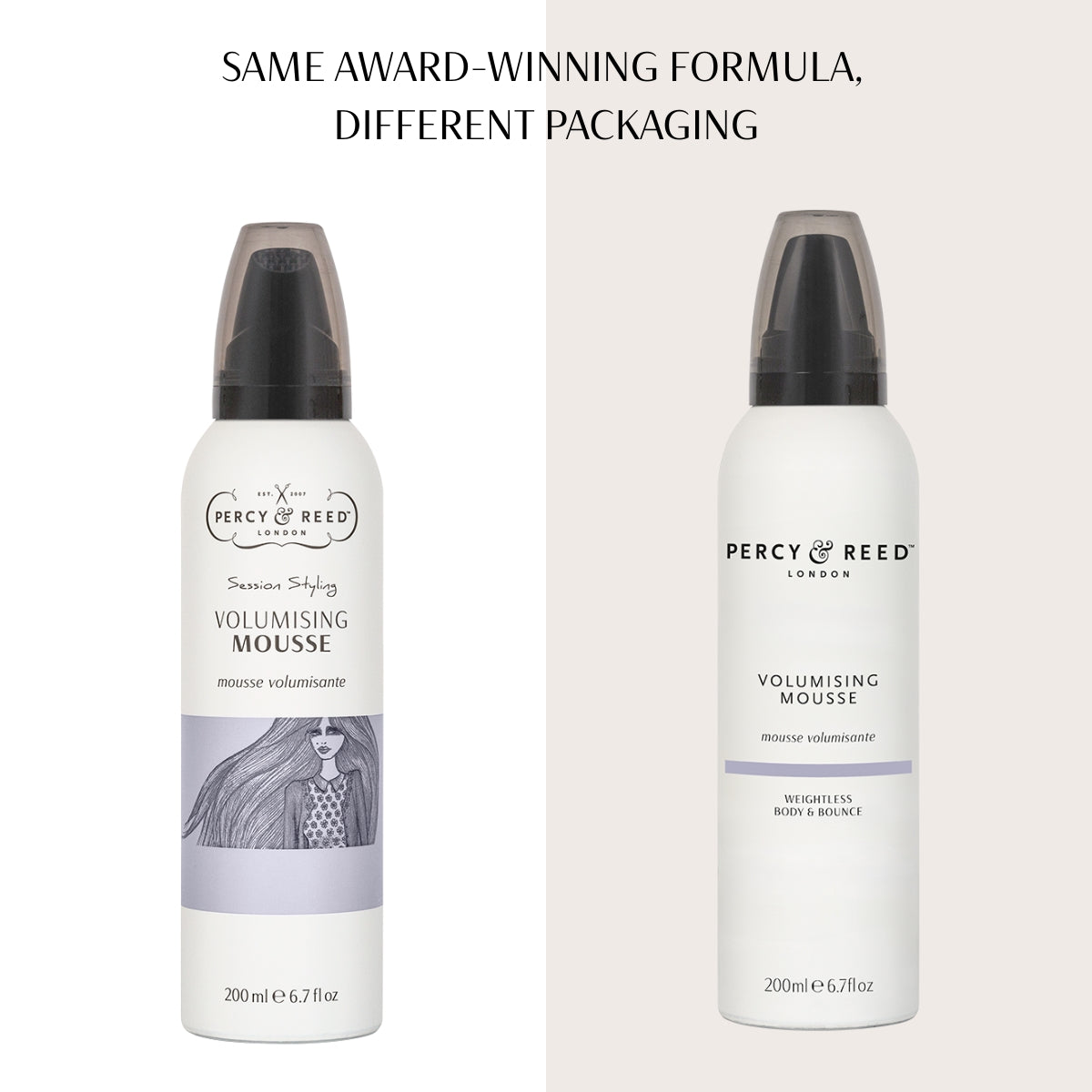 Two Percy & Reed Volumising Mousse bottles with different packaging; identical product formula, 200ml each.