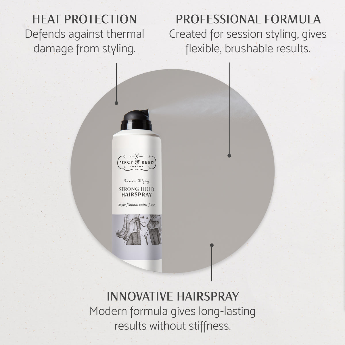Percy & Reed Strong Hold Hairspray, offering heat protection, flexibility, and long-lasting results without stiffness.
