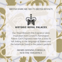 Text about Historic Royal Palaces fragrance inspired by London's Kensington Palace with floral background design.